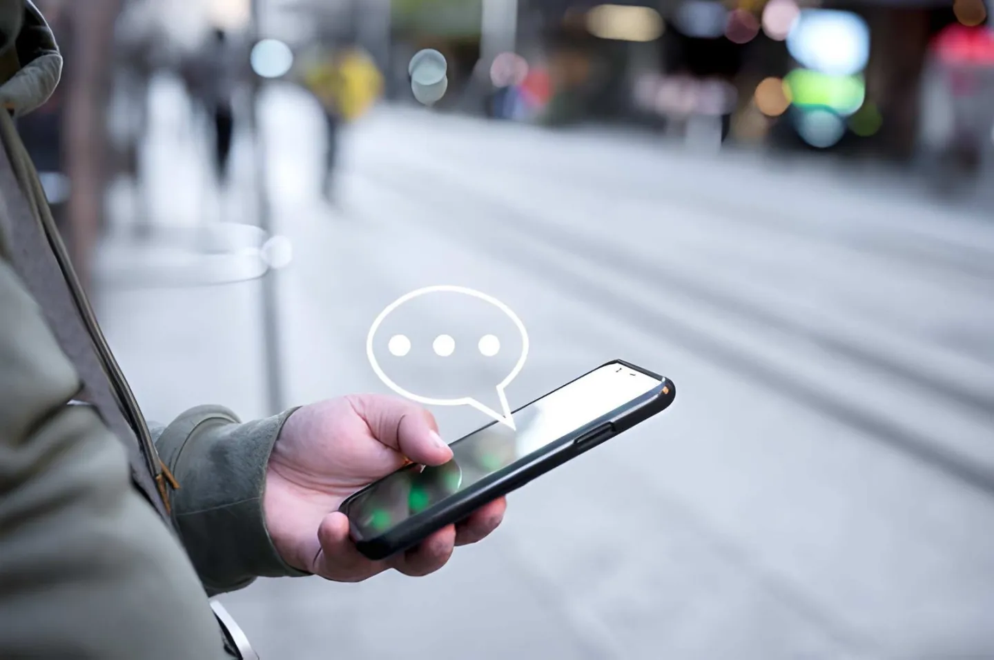 Person checking order updates on a phone with a message bubble over a city street