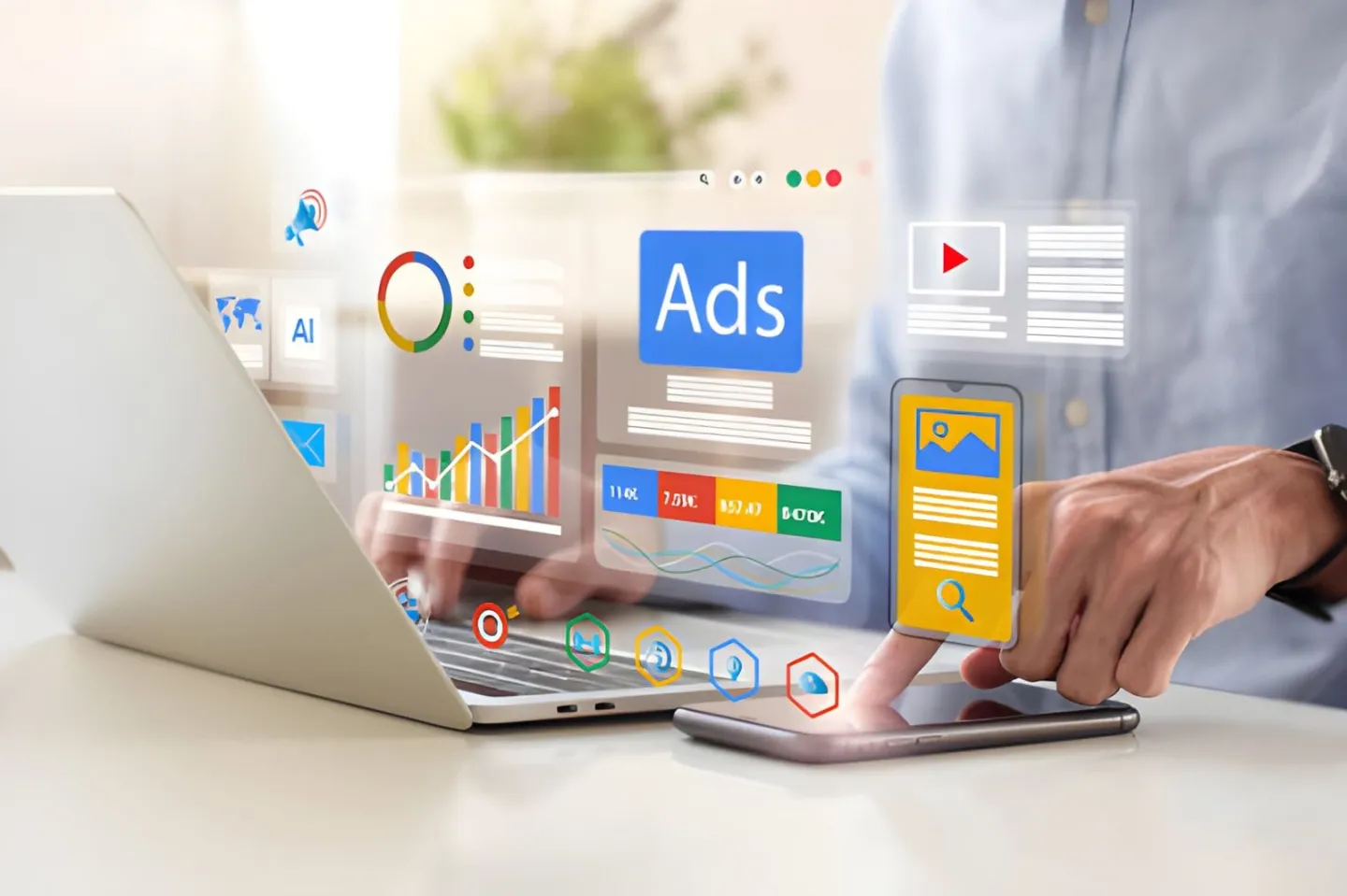 Digital marketing dashboard with ads and analytics charts above a laptop and phone