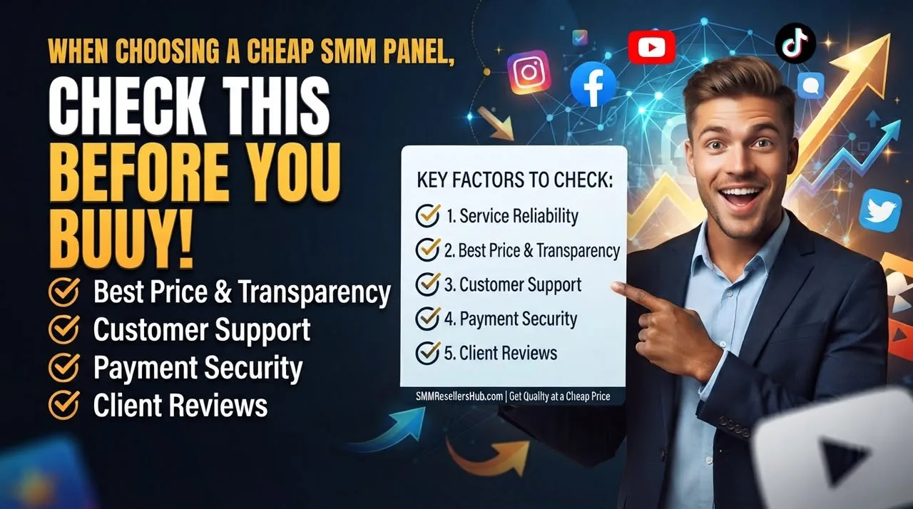 Checklist graphic: what to check before choosing a cheap SMM panel, including reliability, price, support, payment security and reviews