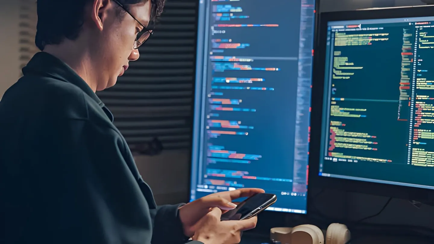 Developer with code on screen and a phone in hand building an SMM panel API integration