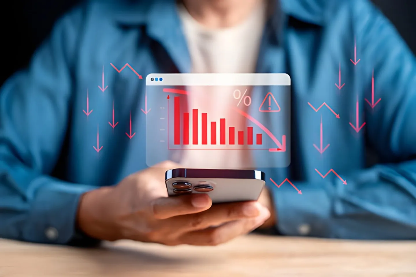 Hand holding a smartphone in front of a red falling chart showing a drop in followers